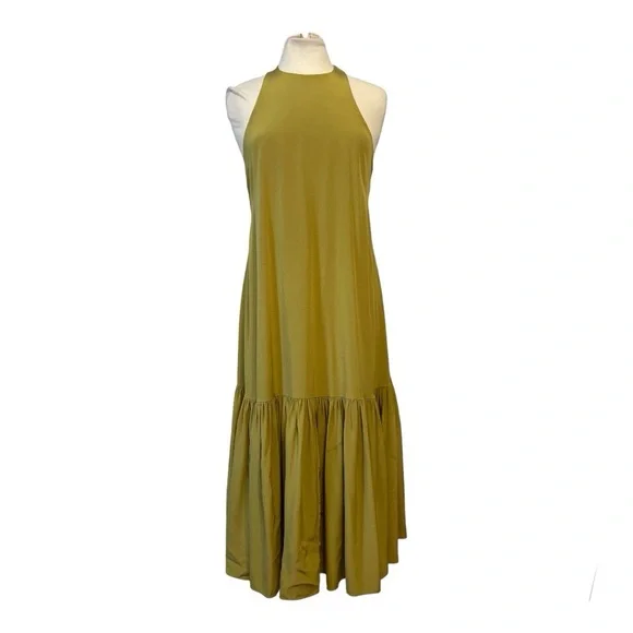 Tibi 100% Silk Eco Halter Drop Waist Ruched Midi Dress Tan Ochre Green size 4 - Picture 2 of 10
